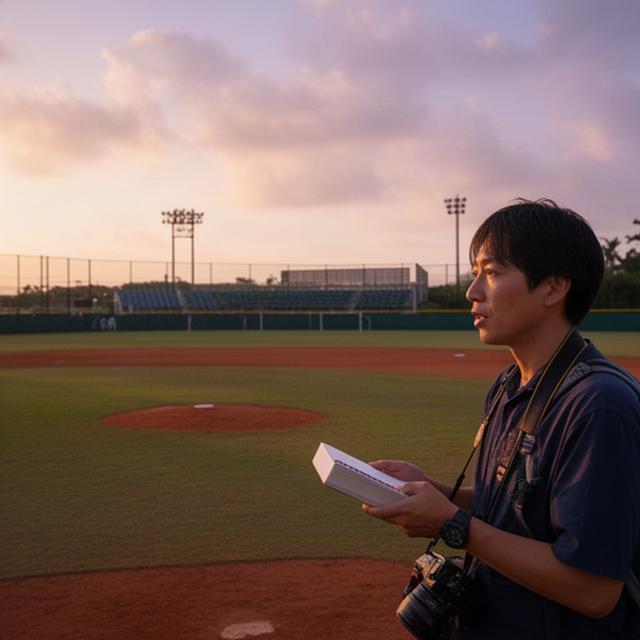 沖縄県南城市の野球場で取材する編集部員と夕方のグラウンド