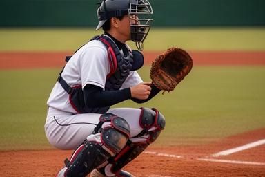 沖縄の高校野球捕手がホームベース付近で守備につく場面