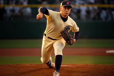 沖縄の高校野球投手が夕方のマウンドで投球する場面