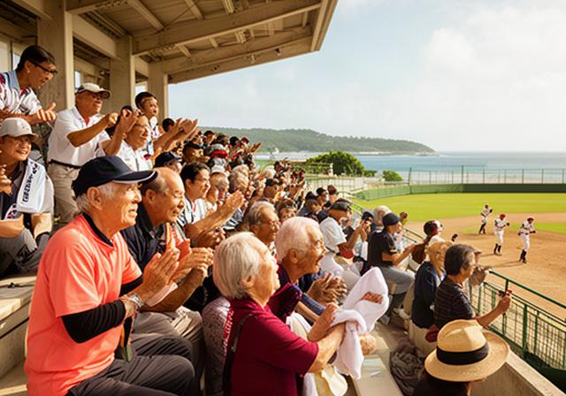 離島の高校野球を応援する住民が球場のスタンドから声援を送る様子