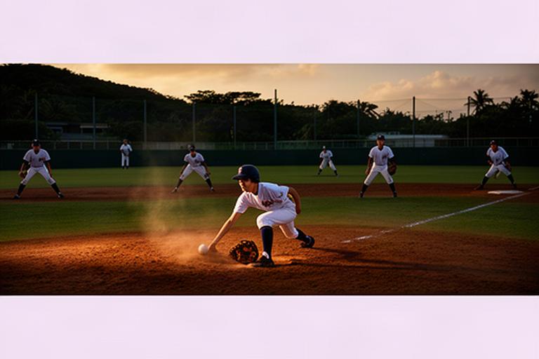 沖縄の高校野球部員が夕方の球場で守備練習を行う風景