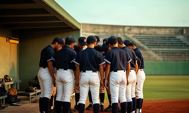 興南高校の選手が試合前にベンチ前で円陣を組む様子