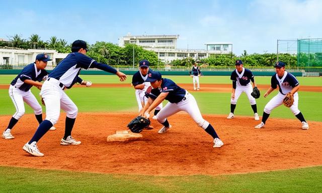 沖縄尚学の選手たちが高校野球場で守備練習をする様子