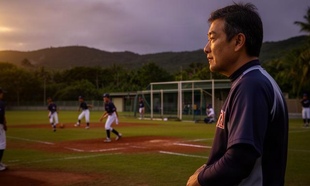 八重山高校の監督が夕方のグラウンドで選手を見守る様子